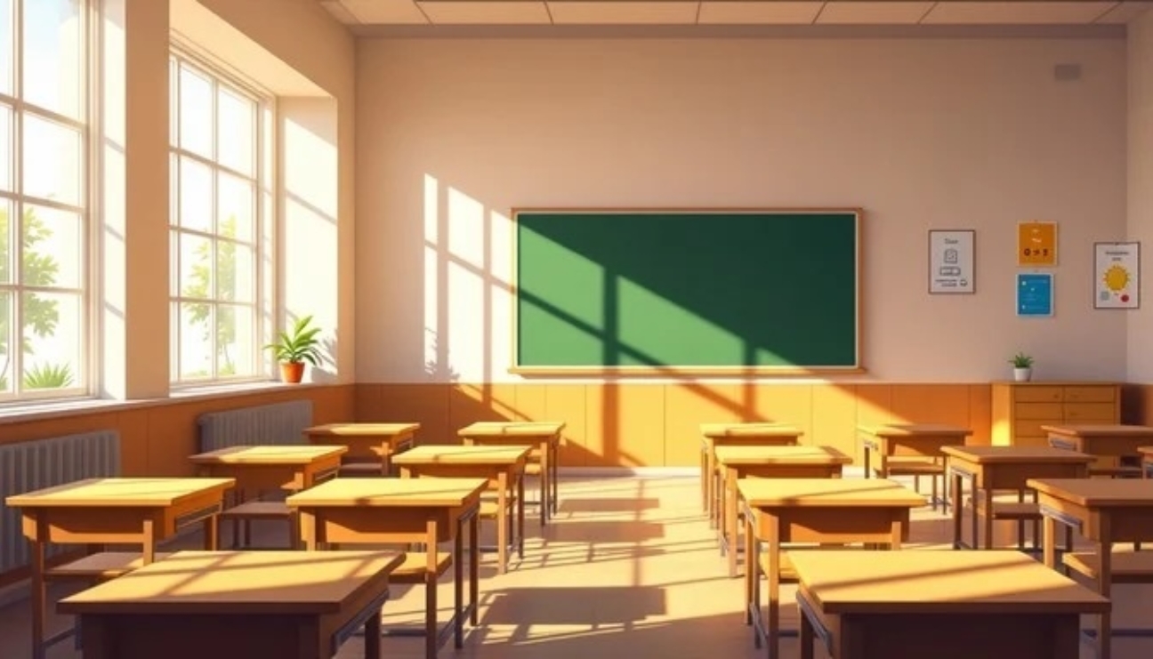 Sunlit empty classroom stockcake jpg